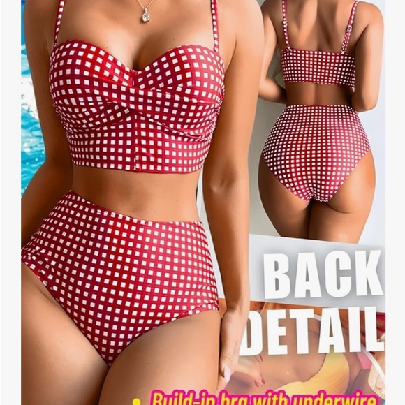 Red And White Gingham Bikini Set High Waisted Swimsuit Bathing Suit Beac… - Picture 3 of 5